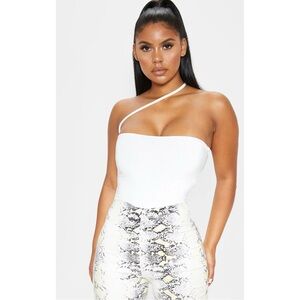 White Asymmetric Strap Bandeau Slinky Bodysuit - NEW